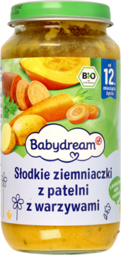Babydream BIO obiadek warzywny: Słodkie ziemniaczki z patelni z warzywami, dla dzieci od 12 miesiąca, w szklanym słoiku, widok z przodu.