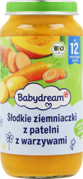 Babydream BIO obiadek warzywny ze słodkim ziemniakiem w słoiczku, etykieta z marchwią i dynią, od 12. m. życia, widok z przodu.