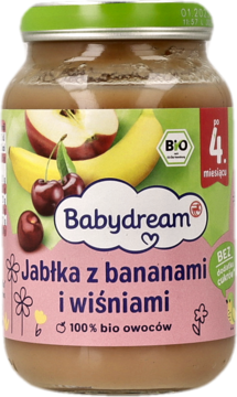 Słoiczek Babydream jabłka z bananami i wiśniami, 100% bio, dla niemowląt po 4. miesiącu, widok z przodu.
