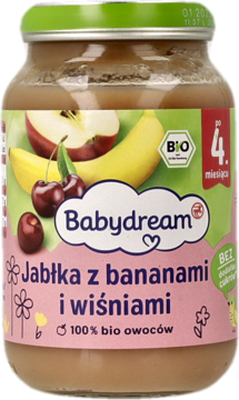 Słoiczek Babydream jabłka z bananami i wiśniami, 100% bio, dla niemowląt po 4. miesiącu, widok z przodu.