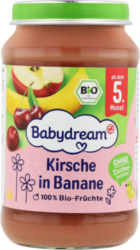 Słoiczek Babydream Kirsche in Banane z jabłkiem, 100% bio-owoców, od 5. miesiąca, bez cukru.