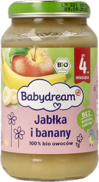 Słoik Babydream Jabłka i banany, bio owocowy przecier dla niemowląt po 4 miesiącu, widok z przodu.