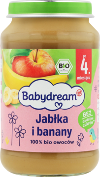 Słoiczek Babydream Jabłka i banany, bio mus owocowy dla niemowląt po 4. miesiącu, z przodu na różowej etykiecie.