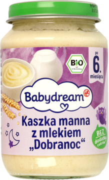 Słoik Babydream Kaszka manna z mlekiem „Dobranoc”, dla niemowląt po 6. miesiącu, z zieloną nakrętką, widok z przodu.