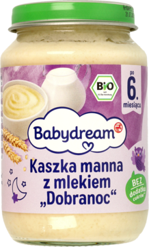 Słoik Babydream Kaszka manna z mlekiem „Dobranoc”, dla niemowląt po 6. miesiącu, z zieloną nakrętką, widok z przodu.