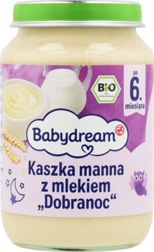 Słoik Babydream Kaszka manna z mlekiem „Dobranoc” po 6. miesiącu, fioletowa etykieta, pszenica, mleko.