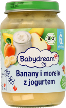 Ekologiczny przecier Babydream Banany i morele z jogurtem w szklanym słoiczku, zielona nakrętka, widok z przodu.