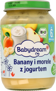 Ekologiczny przecier Babydream Banany i morele z jogurtem w szklanym słoiczku, zielona nakrętka, widok z przodu.