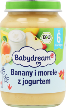 Babydream BIO przecier bananowo-morelowy z jogurtem, 190g, słoiczek z zieloną zakrętką, widok z przodu.