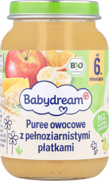 Babydream puree owocowe BIO z pełnoziarnistymi płatkami, od 6. m-ca, w słoiczku, etykieta z owocami, widok z przodu.