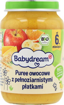 Babydream puree owocowe z pełnoziarnistymi płatkami, słoiczek z zieloną nakrętką, dla niemowląt od 6 miesiąca.