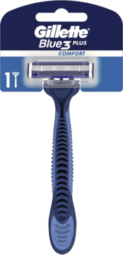 Jednorazowa maszynka Gillette Blue3 Plus Comfort, niebieska, z teksturowanym uchwytem, w blistrze, widok z przodu.