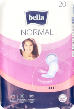Opakowanie Bella NORMAL oddychających podpasek higienicznych, biało-różowo-fioletowe, z grafiką kobiety i napisem '20'.