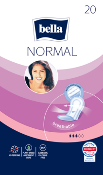 Biało-fioletowe opakowanie Bella Normal, oddychające podpaski higieniczne extra soft, 20 sztuk. Widok z przodu.