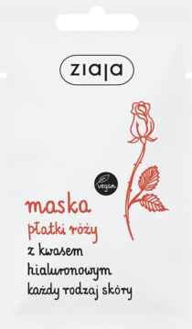 Ziaja maska do twarzy z płatków róży i kwasem hialuronowym, biała saszetka z czerwoną różą, widok z przodu.