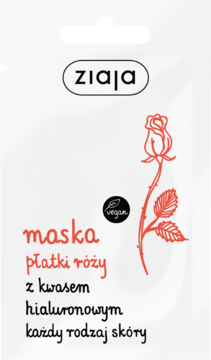 Biała maska Ziaja płatki róży z kwasem hialuronowym, do każdego rodzaju skóry, czerwona grafika róży, widok z przodu.
