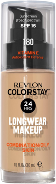 Revlon ColorStay foundation 180 for combination/oily skin, SPF 15, longwear, light beige pump bottle.