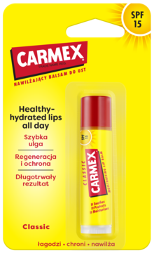 Żółty sztyft Carmex Classic, nawilżający balsam do ust SPF 15 w blistrze, widok z przodu opakowania.