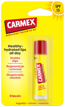 Żółty sztyft Carmex Classic, nawilżający balsam do ust SPF 15 w blistrze, widok z przodu opakowania.