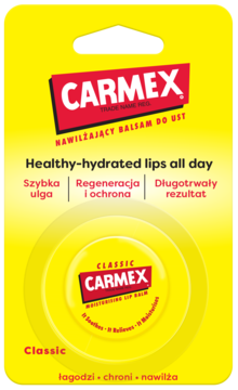 Żółte opakowanie blistrowe balsamu do ust Carmex Classic, widok z przodu, z widocznym okrągłym słoiczkiem.