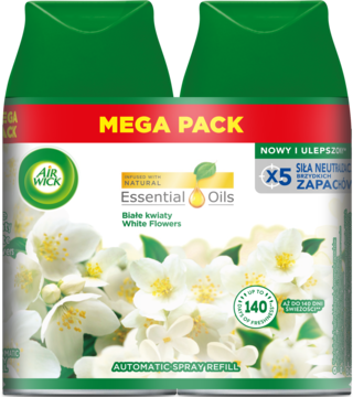 Air Wick Freshmatic Białe Kwiaty, uzupełnienie, zielono-biały Mega Pack z ilustracją kwiatów, neutralizuje zapachy.
