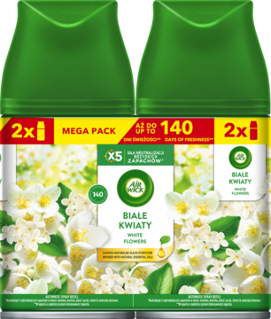 Duży zestaw wkładów Air Wick Freshmatic Białe Kwiaty, dwa zielone wkłady z jasnymi kwiatami, widok frontalny.
