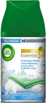 Air Wick Freshmatic spray refill Cool Linen & White Lilac, zielono-biała butelka z obrazem prania i kwiatów bzu, widok z przodu.