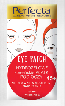 Perfecta, białe hydrożelowe płatki pod oczy 45+ z retinolem, saszetka z czerwonym logo i rysunkami kobiet.
