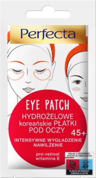 Perfecta Eye Patch 45+, hydrożelowe koreańskie płatki pod oczy z pro-retinolem i witaminą E, widok z przodu.