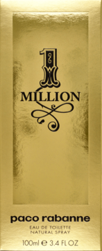 Złote pudełko perfum Paco Rabanne 1 Million, widok z przodu, z napisem Eau de Toilette 100ml.