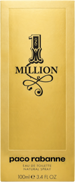 Złote, prostokątne pudełko Paco Rabanne 1 Million EDT 100ml, czarny napis, widok z przodu.