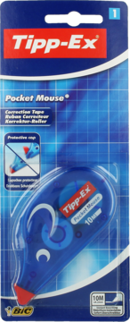 Niebieski korektor Tipp-Ex Pocket Mouse w blistrze, widok z przodu, z napisem 10M.