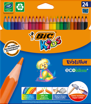 Opakowanie 24 kredek BIC Kids Evolution ECOlutions, bezdrzewnych z recyklingu, odpornych na złamania.