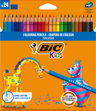 Kredki Bic Kids Evolution bezdrzewne, 24 kolory, w pomarańczowym pudełku z żyrafą i hipopotamem, widok z przodu.