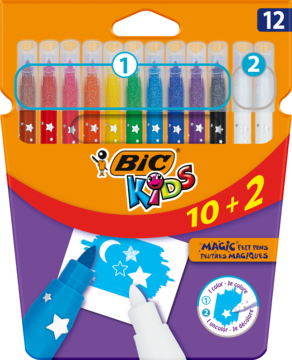 Bic Kids Magic 10+2 flamastry wymazywalne w blistrze: 10 kolorów plus 2 białe pisaki, widok z przodu.