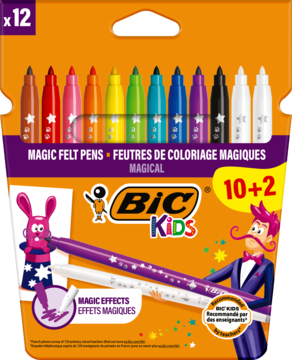 Flamastry Bic Kids Magic 10+2 z efektem wymazywania, w pomarańczowo-fioletowym opakowaniu, widok z przodu.
