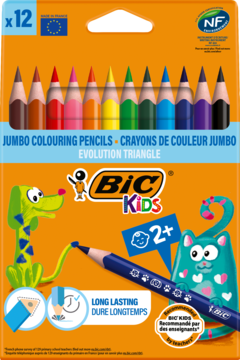 Opakowanie 12 trójkątnych kredek BIC Kids Jumbo, pomarańczowe, z kreskówkami. Idealne dla dzieci 2+, niełamliwe.