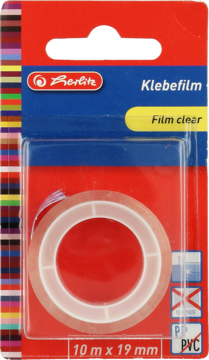 Przezroczysta taśma klejąca Berlitz 10 m x 19 mm w czerwonym opakowaniu typu blister, widok z przodu.