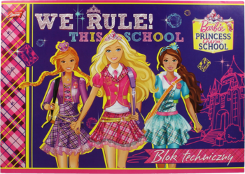 Kolorowy blok techniczny Barbie Princess School, okładka z trzema lalkami Barbie w mundurkach, napis WE RULE! THIS SCHOOL.