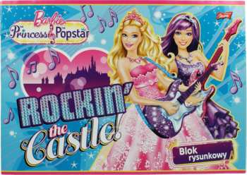 Blok rysunkowy Barbie Princess & Popstar A4, okładka z blond i fioletową Barbie, na tle zamku, nut i napisu Rockin' the Castle.