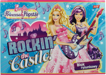 Blok rysunkowy Barbie Princess & Popstar A4, okładka z blond i fioletową Barbie, na tle zamku, nut i napisu Rockin' the Castle.