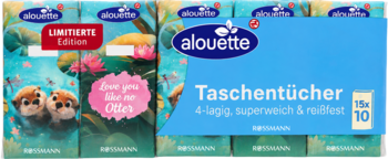 Alouette chusteczki higieniczne 15x10 szt., pakiet limit. edycji z wydrami i niebieskie 4-warstwowe, miękkie chusteczki.