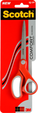 Ergonomiczne nożyczki Scotch Comfort 18 cm w czerwonym opakowaniu, pomarańczowe uchwyty, stalowe ostrza.