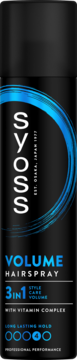 Syoss Volume Hairspray w czarnej butelce z niebieskimi napisami, front, symbol utrwalenia na poziomie 4/5.