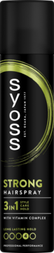 Czarny lakier Syoss Strong Hairspray z witaminami, zielone logo, 4/5 siła utrwalenia, widok z przodu.