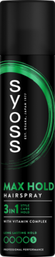 Czarny lakier do włosów Syoss Max Hold 5, przód butelki z zielonym logo i napisem 3IN1, widok z przodu.