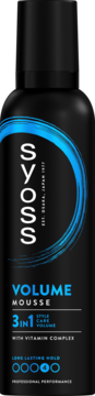 Czarna pianka do włosów Syoss Volume Mousse 3in1, widok frontalny, niebieskie logo i napisy, długotrwałe utrwalenie.