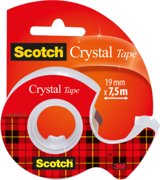 Scotch Crystal Tape, uniwersalna przezroczysta taśma klejąca w czerwonym opakowaniu z tartanowym wzorem.