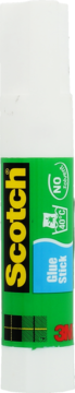 Klej Scotch w białej tubce z zieloną etykietą, żółtym logo i napisem "Glue Stick", widok z przodu, zmywalny.