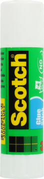 Biały klej w sztyfcie Scotch Glue Stick, zielona etykieta z żółtym logo i niebieskim napisem, widok z przodu.